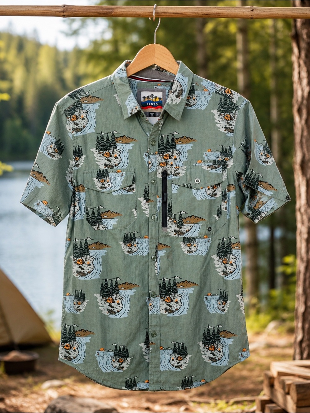 PRNTD by Polymer Men’s Camping Print Short Sleeve Button-Up Shirt Size S